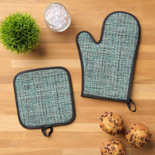 Ensemble De Gant De Cuisine Et De Manique Gris Chic Seafoam Bleu Vert Boucle Motif Tissé