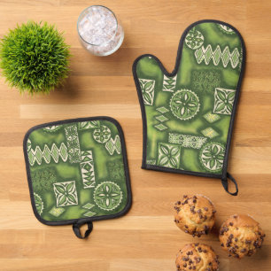 Ensemble De Gant De Cuisine Et De Manique Guerrier des vagues Tapa primitif hawaïen vert