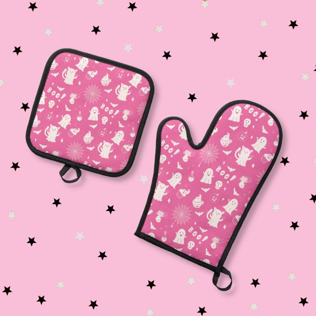 Ensemble De Gant De Cuisine Et De Manique Halloween éffrayant rose et blanc (Créateur téléchargé)