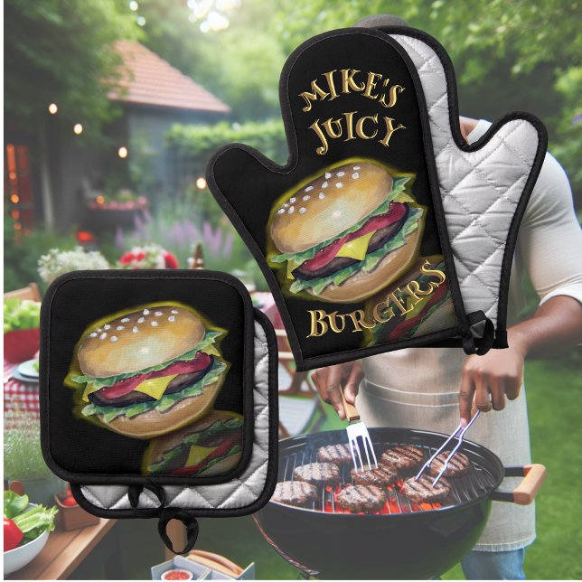 Ensemble De Gant De Cuisine Et De Manique Hamburgers délicieux juteux (Créateur téléchargé)