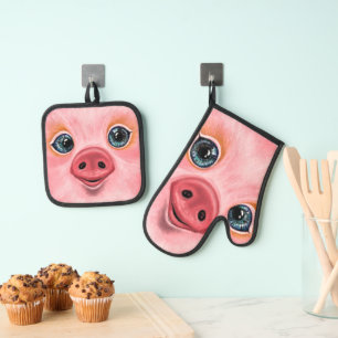 Ensemble De Gant De Cuisine Et De Manique Happy Baby Pig Funny Four Mitt & Pot Holder Set