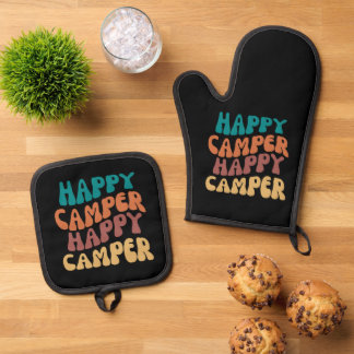 Ensemble De Gant De Cuisine Et De Manique Happy Camper Retro Wavy Text arrière - plan noir