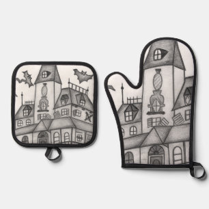 Ensemble De Gant De Cuisine Et De Manique Haunted House and Bats Halloween