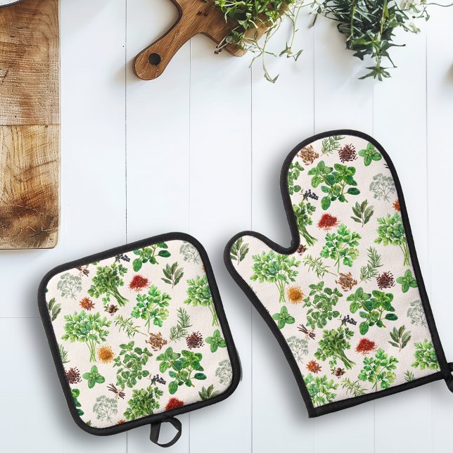 Ensemble De Gant De Cuisine Et De Manique Herbes et épices d'aquarelle (Créateur téléchargé)