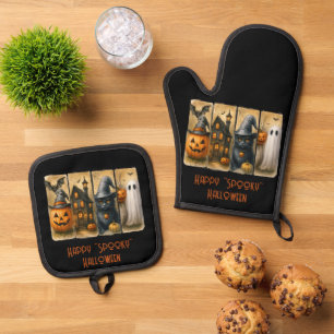 Ensemble De Gant De Cuisine Et De Manique Heureux "Éffrayant" Halloween Citrouilles chauves-