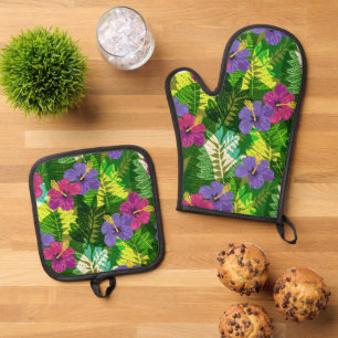 Ensemble De Gant De Cuisine Et De Manique Hibiscus hawaïens de la Jungle de Kauai et les dro