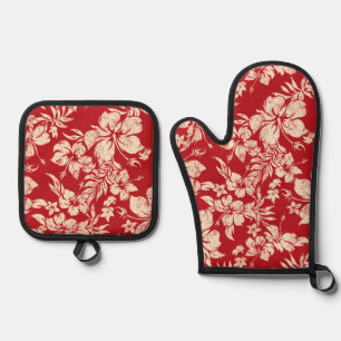 Ensemble De Gant De Cuisine Et De Manique Hibiscus Pareau dénaturé Rouge hawaïen