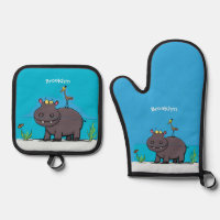 Hippopotame drôle mignon avec dessin animé d'oisea
