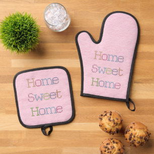 Ensemble De Gant De Cuisine Et De Manique Home Sweet Home Faux Stitching on Pink