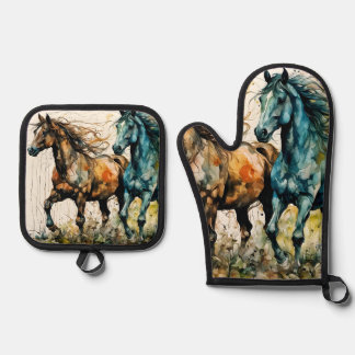 Ensemble De Gant De Cuisine Et De Manique Horses in the Pasture