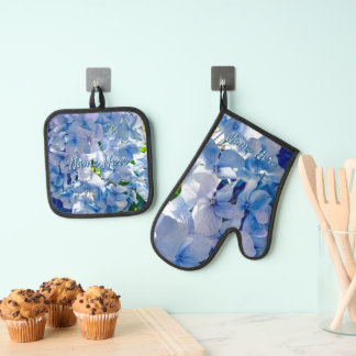 Ensemble De Gant De Cuisine Et De Manique Hydrangea Bleu Nom Personnalisé Adresse