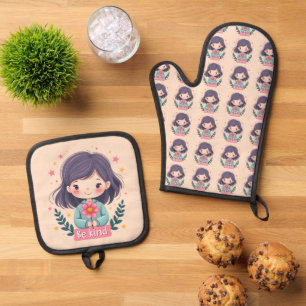 Ensemble De Gant De Cuisine Et De Manique Illustration de Kawaii "Be Kind" - Art Intéressant