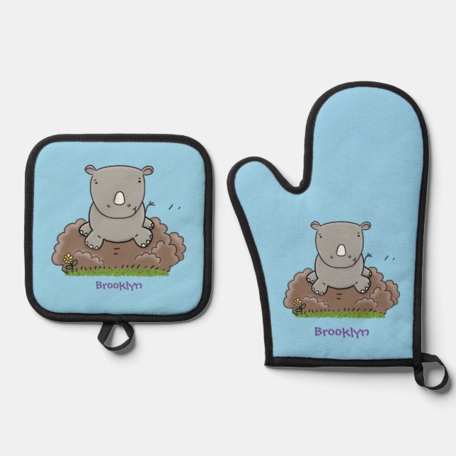 Ensemble De Gant De Cuisine Et De Manique Illustration d'un petit rhinocéros (Recto)