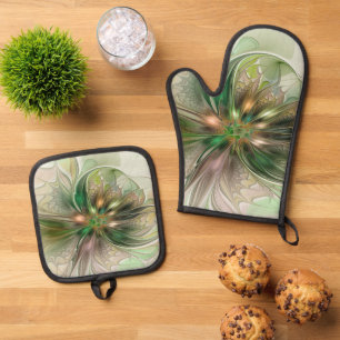 Ensemble De Gant De Cuisine Et De Manique Imaginaire coloré Moderne Fleur Fractale Abstraite