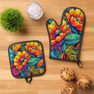 Ensemble De Gant De Cuisine Et De Manique Imaginaire floral dynamique en couleurs vives