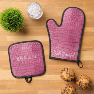 Ensemble De Gant De Cuisine Et De Manique Impression d'animal d'alligator rose