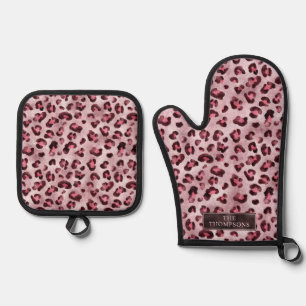 Ensemble De Gant De Cuisine Et De Manique Impression d'animal léopard rose avec faux feuille