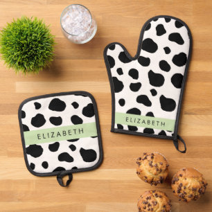 Ensemble De Gant De Cuisine Et De Manique Impression De Vache, Spots De Vache, Noir Et Blanc
