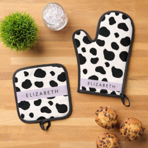 Ensemble De Gant De Cuisine Et De Manique Impression De Vache, Spots De Vache, Noir Et Blanc