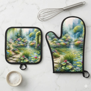 Ensemble De Gant De Cuisine Et De Manique Jardin de la Cascade Enchantée Étang aux Lys
