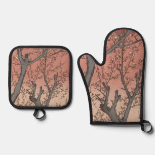 Ensemble De Gant De Cuisine Et De Manique Jardin de prune fleuri d'arbre japonais