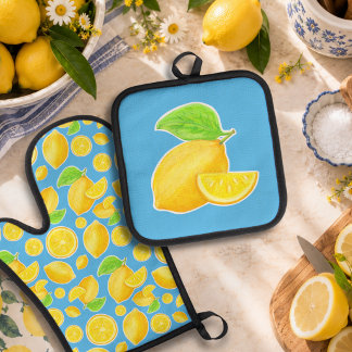 Ensemble De Gant De Cuisine Et De Manique Jaune citron et bleu Citrus gais