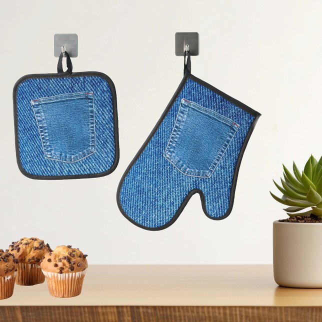 Ensemble De Gant De Cuisine Et De Manique Jeans Denim Fun (Créateur téléchargé)