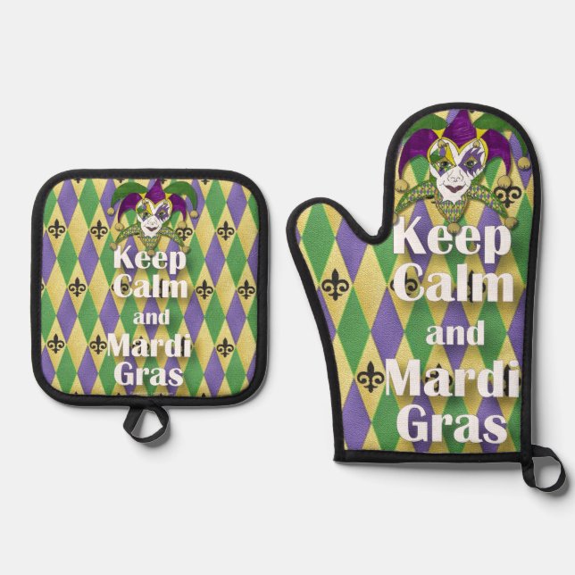 Ensemble De Gant De Cuisine Et De Manique Jester Mask Keep Calm and Mardi Gras (Recto)
