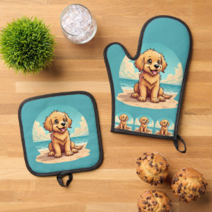 Ensemble De Gant De Cuisine Et De Manique Joli chiot doré sur une scène de plage ensoleillée