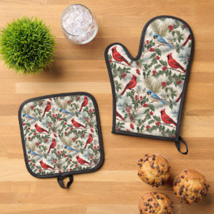Ensemble De Gant De Cuisine Et De Manique Joli motif carrelé d'oiseaux d'hiver