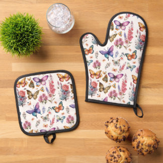 Ensemble De Gant De Cuisine Et De Manique Joli papillon d'aquarelle Motif de jardin fleuri