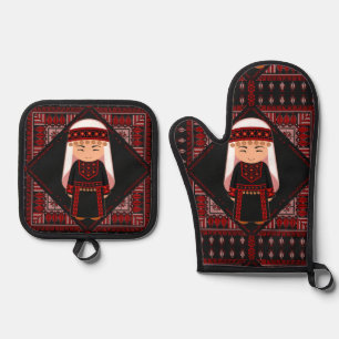 Ensemble De Gant De Cuisine Et De Manique jolie fille palestinienne Broderie rouge tatreez  