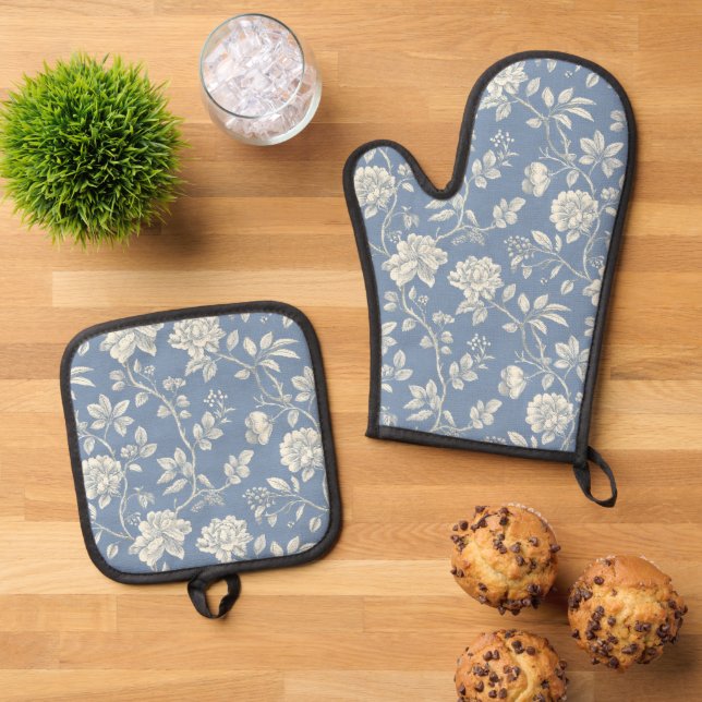 Ensemble De Gant De Cuisine Et De Manique Jolies Fleurs Bleues Crème Romantiques   (De haut en bas)