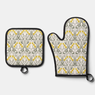 Ensemble De Gant De Cuisine Et De Manique Jonquilles jaunes Art nouveau et tiges blanches