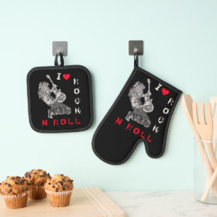 Ensemble De Gant De Cuisine Et De Manique Joueur Rock Guitare Four Mitt & Pot Pot Set