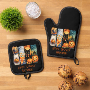 Ensemble De Gant De Cuisine Et De Manique Joyeux "Éffrayant" Halloween Citrouille Black Cat