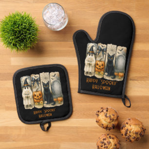 Ensemble De Gant De Cuisine Et De Manique Joyeux "Éffrayant" Halloween Citrouille Fantôme Ch
