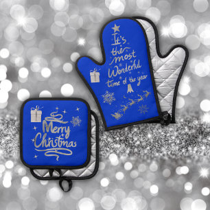 Ensemble De Gant De Cuisine Et De Manique Joyeux et lumineux Noël en argent et bleu  