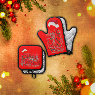 Ensemble De Gant De Cuisine Et De Manique Joyeux Noël - Vintage, avec Santa Hat