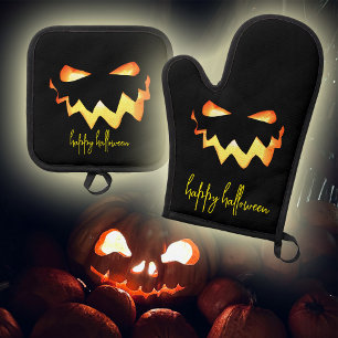 Ensemble De Gant De Cuisine Et De Manique Joyeux visage Jack-o-lanterne d'Halloween brillant