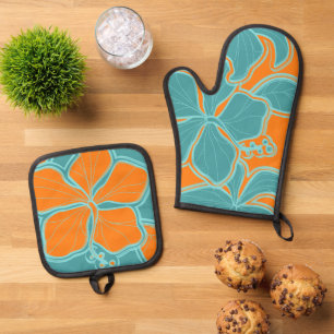 Ensemble De Gant De Cuisine Et De Manique Kailua Hibiscus Hawaii Floral Orange Turquoise