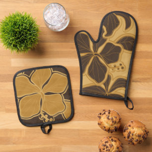 Ensemble De Gant De Cuisine Et De Manique Kailua Hibiscus Hawaiian Floral Gold Brown