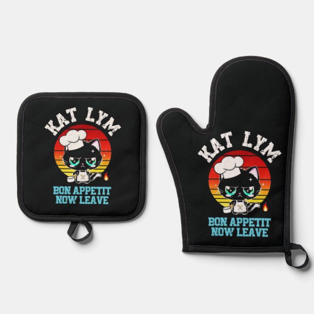 Ensemble De Gant De Cuisine Et De Manique Kat Lym Sarcastic Chef Cat - Bon Appetit Now Leave (Recto)