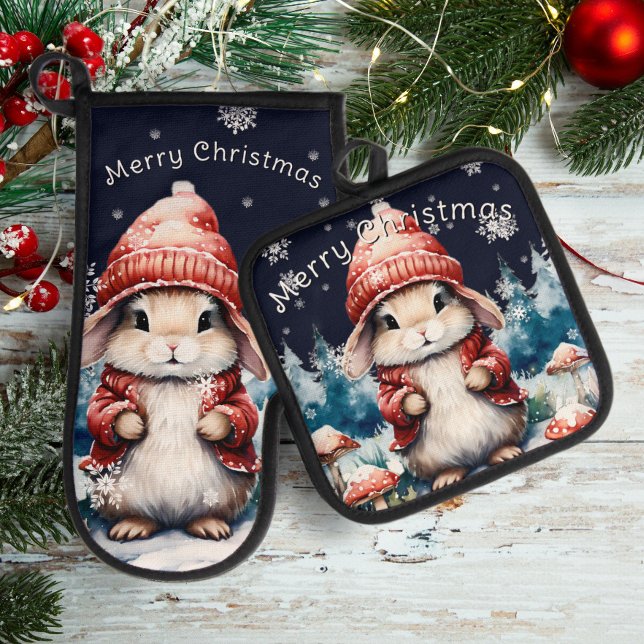 Ensemble De Gant De Cuisine Et De Manique Lapin de Noël fantastique (Whimsical Christmas Bunny Oven Mitt Potholder Set)