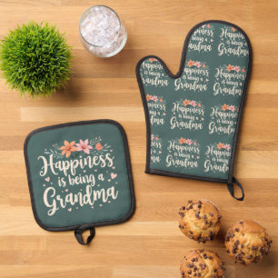 Ensemble De Gant De Cuisine Et De Manique Le bonheur est d'être grand-mère Floral Cottagecor
