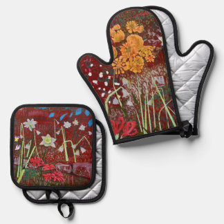 Ensemble De Gant De Cuisine Et De Manique Le jardin de Ladrie en rouge 