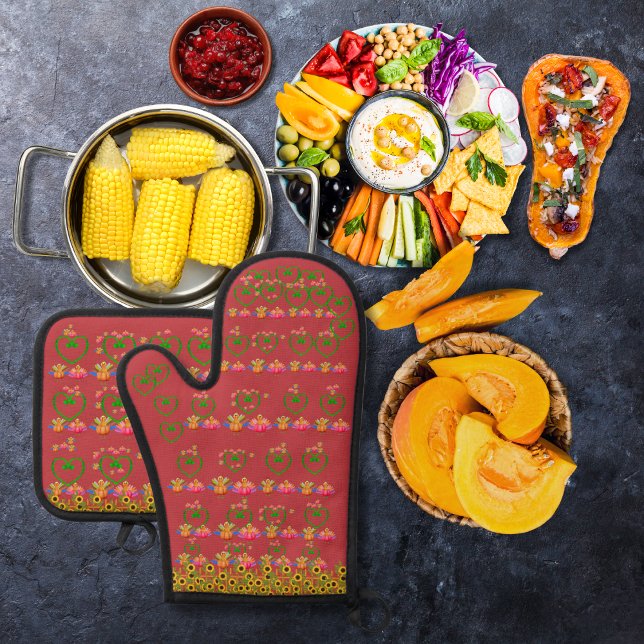 Ensemble De Gant De Cuisine Et De Manique Légumineuses et tournesols rouges (Créateur téléchargé)