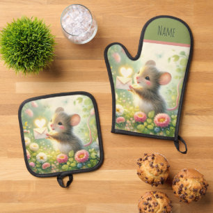 Ensemble De Gant De Cuisine Et De Manique Lettre d'amour de souris de cottage Prairie