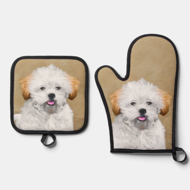 Ensemble De Gant De Cuisine Et De Manique Lhasa Apso Peinture Chiot Mignonne Art Chien Origi (Recto)