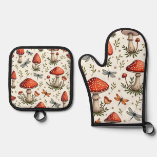 Ensemble De Gant De Cuisine Et De Manique Libellules et champignons rouges